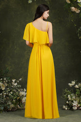 One Shoulder Ruffles Bridesmaid Dress Long With Slit-27dress
